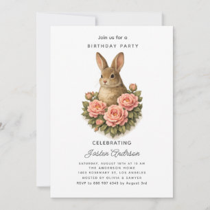 Invitación de cumpleaños con conejo y flores rosas