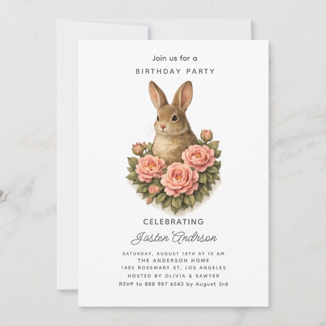Invitación de cumpleaños con conejo y flores rosas (Anverso)