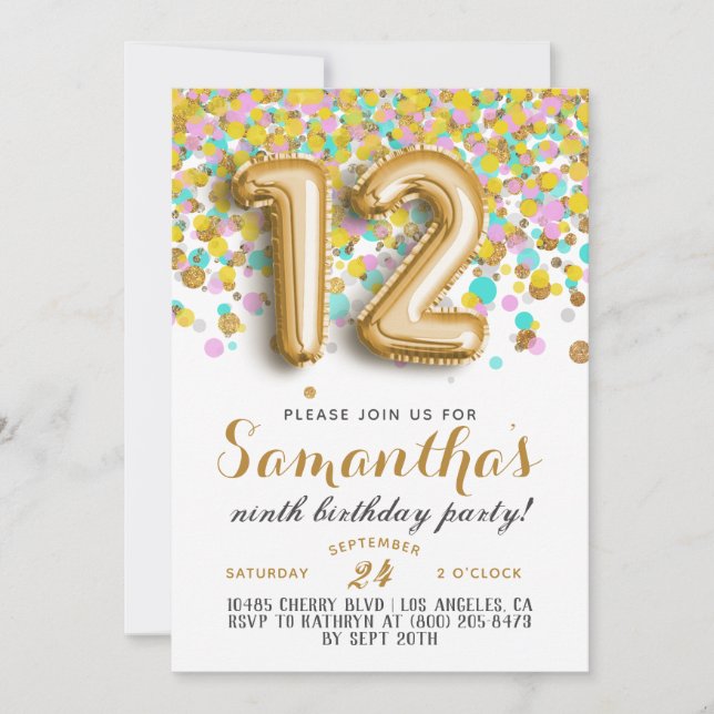 invitación de cumpleaños con confeti número 12 (Anverso)