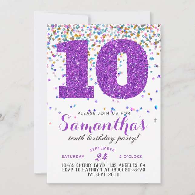 invitación de cumpleaños con confeti para 10 años (Anverso)
