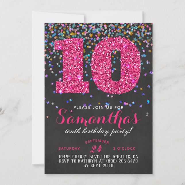 Invitación de cumpleaños con confeti para 10 años (Anverso)
