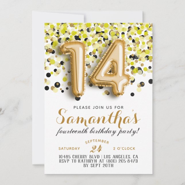 Invitación de cumpleaños con confeti para 14 años (Anverso)