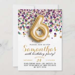 invitación de cumpleaños con confeti para 6 años
