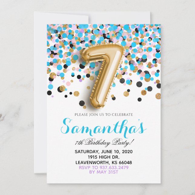 Invitación de cumpleaños con confeti para 7 años (Anverso)
