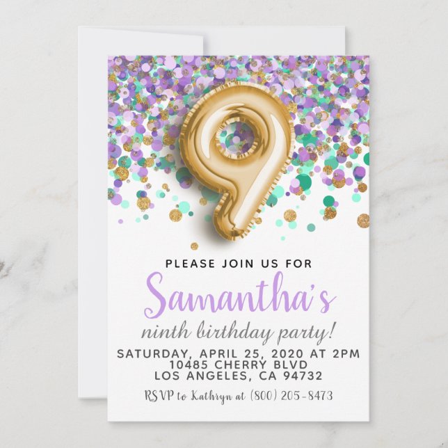 invitación de cumpleaños con confeti para noveno c (Anverso)