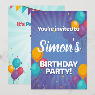 Invitación de cumpleaños con confeti y globos dive