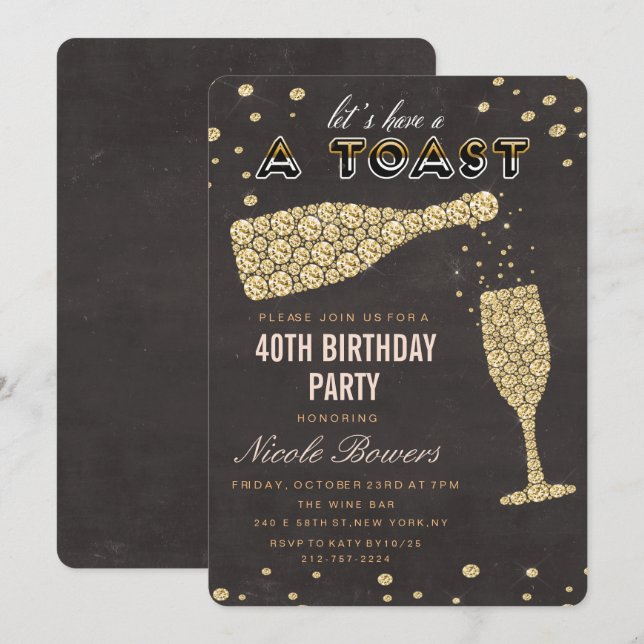 Invitación de cumpleaños con copa de vino con diam (Anverso / Reverso)