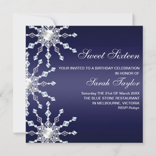 Invitación de cumpleaños con copo de nieve brillan (Anverso)
