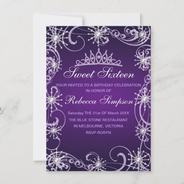 Invitación de cumpleaños con copo de nieve brillan (Anverso)