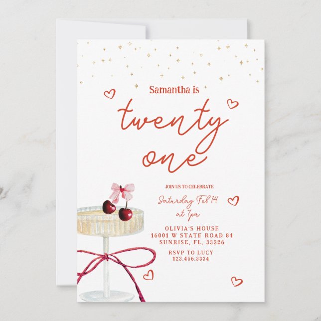 Invitación de cumpleaños con corazón de cereza en  (Anverso)