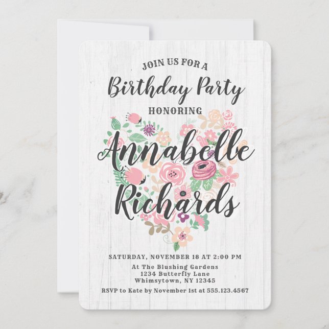 Invitación de cumpleaños con corazón floral rosa r (Anverso)