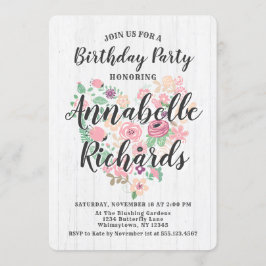 Invitación de cumpleaños con corazón floral rosa r
