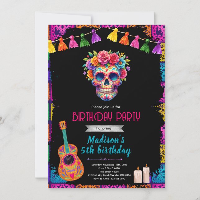 Invitación de cumpleaños con cráneo de azúcar (Anverso)