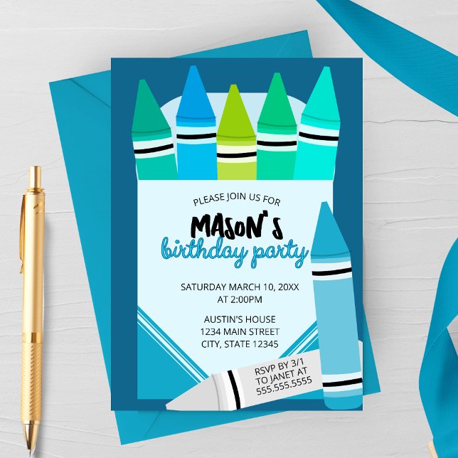 Invitación de cumpleaños con crayones azul y turqu (Subido por el creador)