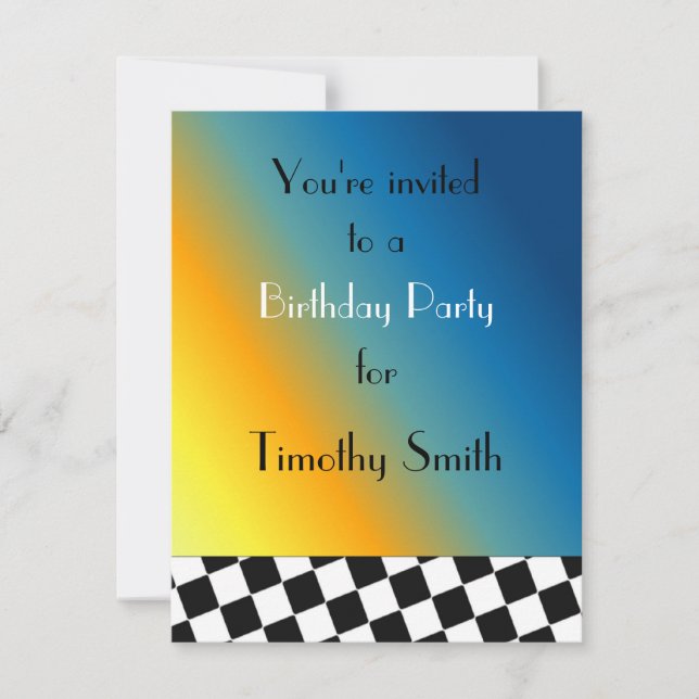 Invitación de cumpleaños con cuadros de carreras e (Anverso)