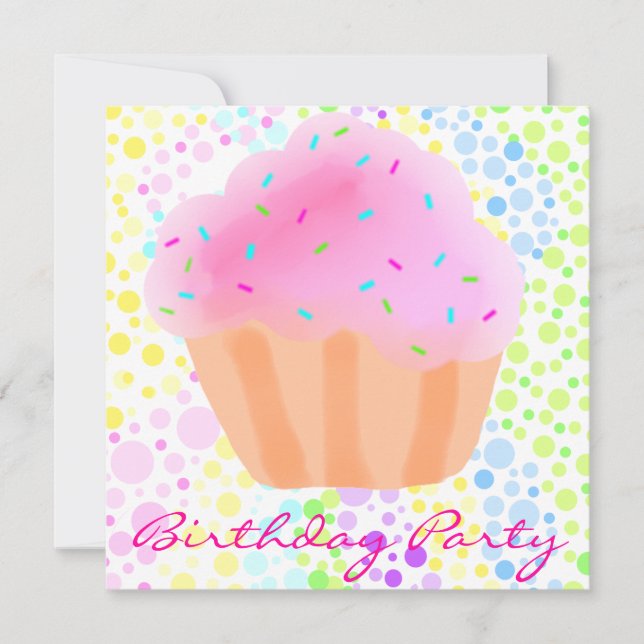 Invitación de cumpleaños con CupCake multicolor (Anverso)