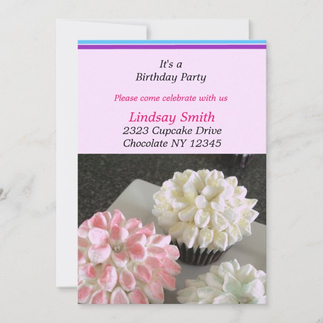 Invitación de cumpleaños con cupcakes de flores el (Anverso)