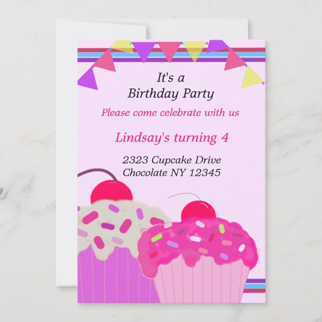 Invitación de cumpleaños con Cupcakes Elegantes (Anverso)