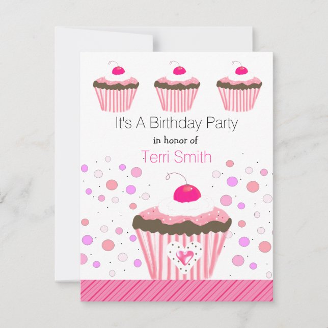 Invitación de cumpleaños con cupcakes rosados (Anverso)