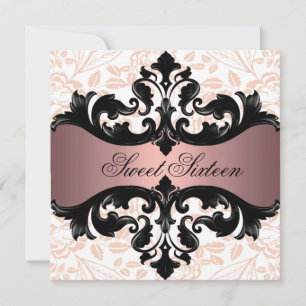 Invitación de cumpleaños con damasco floral rosa y