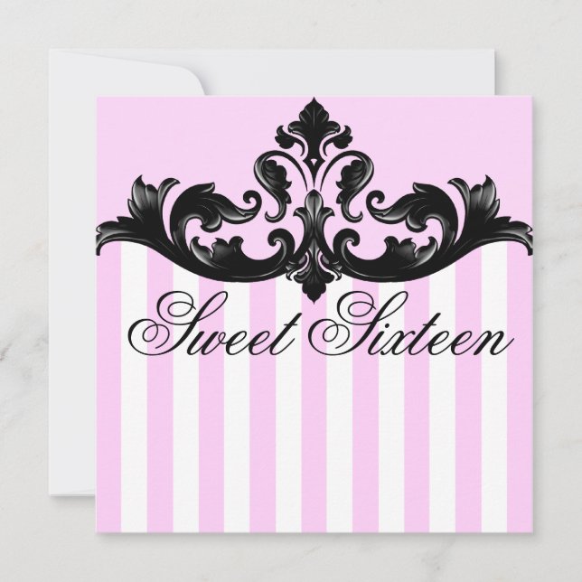 Invitación de cumpleaños con damasco rosa y negro (Anverso)