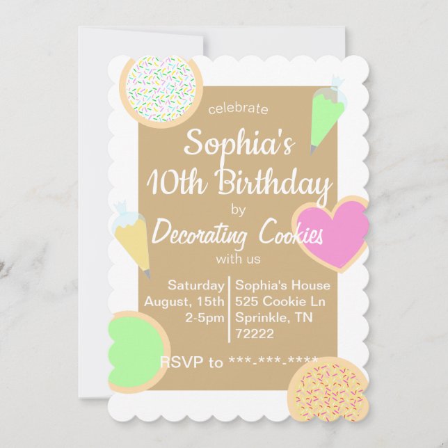 Invitación de cumpleaños con decoración de cookies (Anverso)