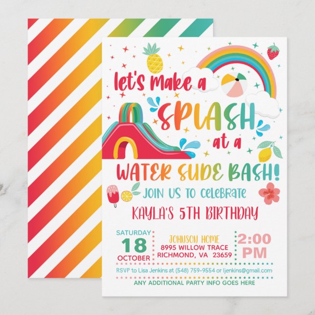 Invitación de cumpleaños con deslizamiento de agua (Anverso / Reverso)