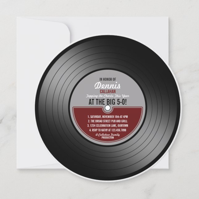 Invitación de cumpleaños con disco de vinilo (Anverso)