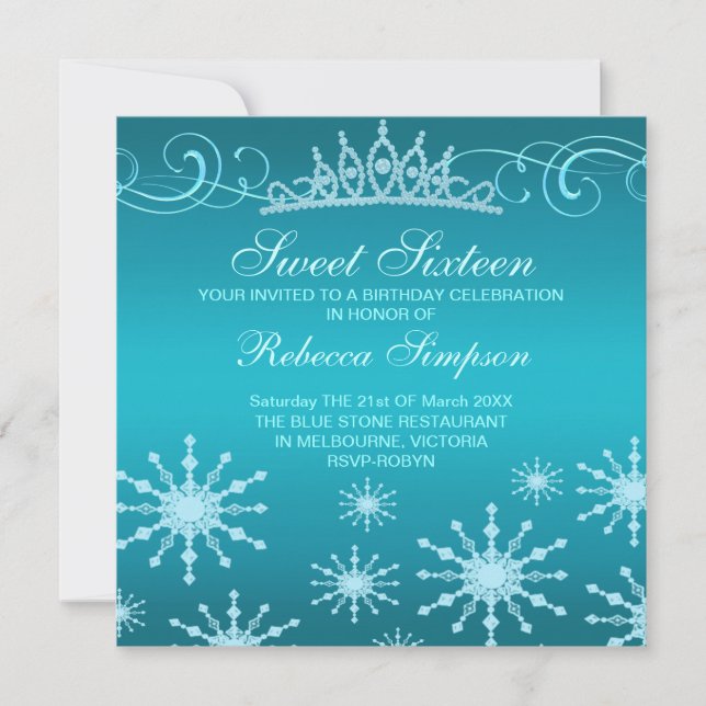Invitación de cumpleaños con diseño de copo de nie (Anverso)