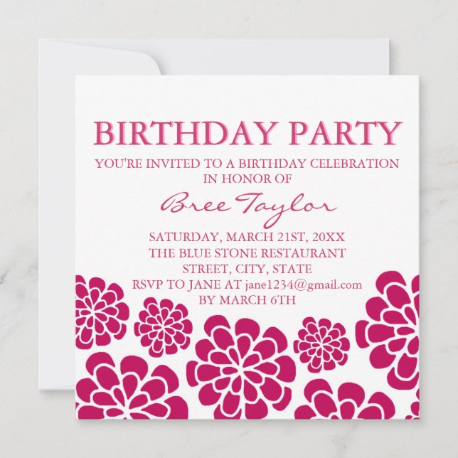 Invitación de cumpleaños con diseño de flores de m (Anverso)