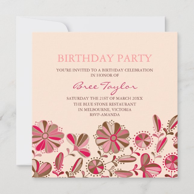 Invitación de cumpleaños con diseño de flores retr (Anverso)