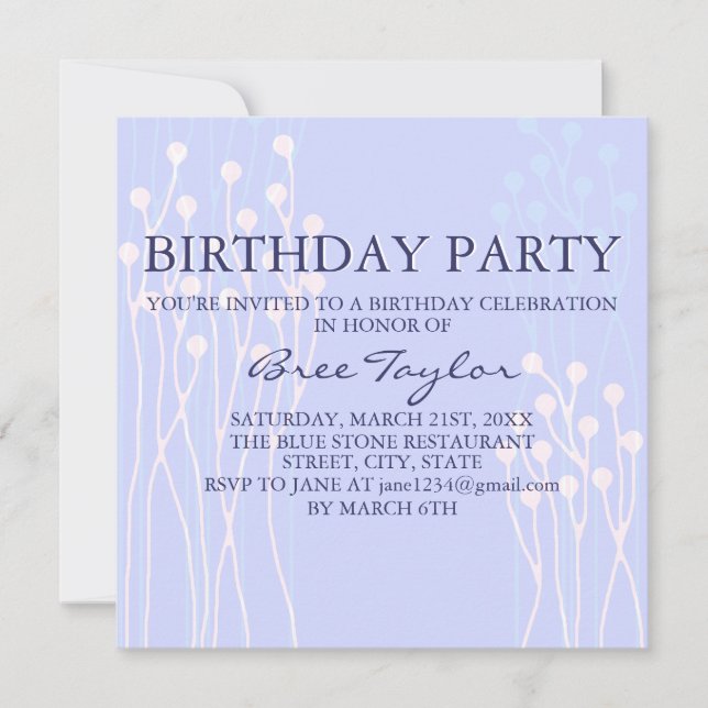 Invitación de cumpleaños con diseño de ramita azul (Anverso)