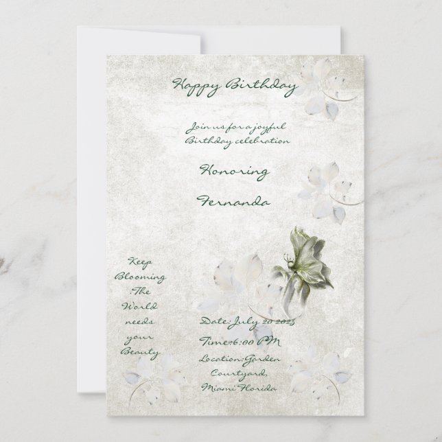 Invitación de cumpleaños con diseño floral Blanco& (Anverso)