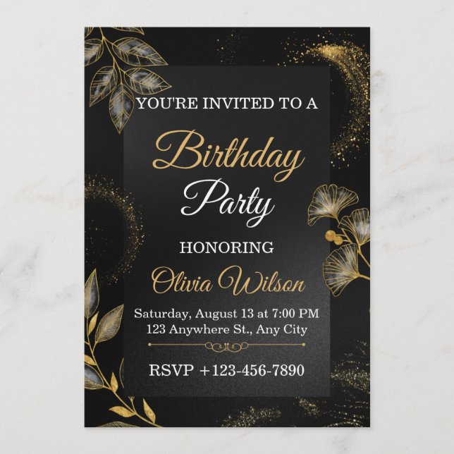Invitación de cumpleaños con diseño floral elegant (Anverso)