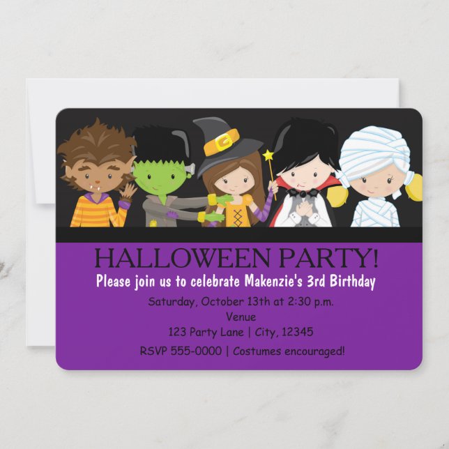 Invitación de cumpleaños con disfraz de Halloween  (Anverso)