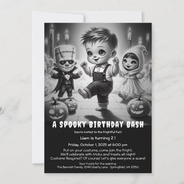 Invitación de cumpleaños con disfraz de Halloween  (Anverso)