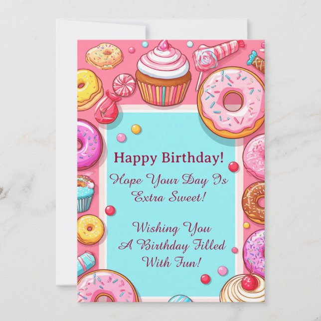 Invitación de Cumpleaños con Donas Rosadas y Cupca (Anverso)