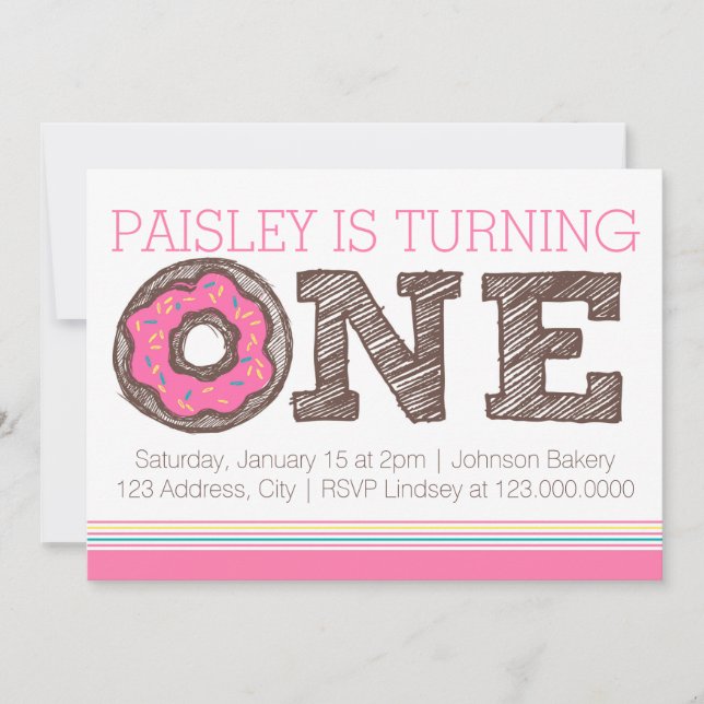 Invitación de cumpleaños con Donut - Rosa (Anverso)