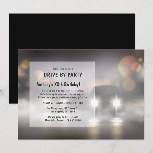 Invitación de cumpleaños con drive by nocturno (Anverso / Reverso)