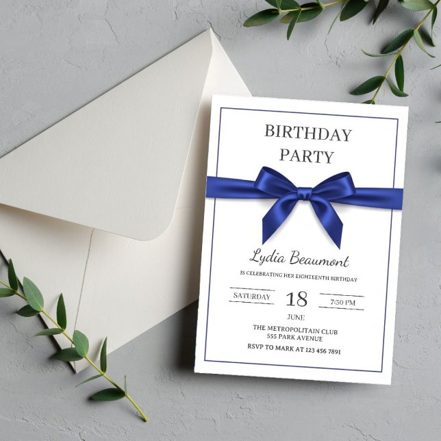 Invitación de cumpleaños con elegante lazo azul ma (Subido por el creador)