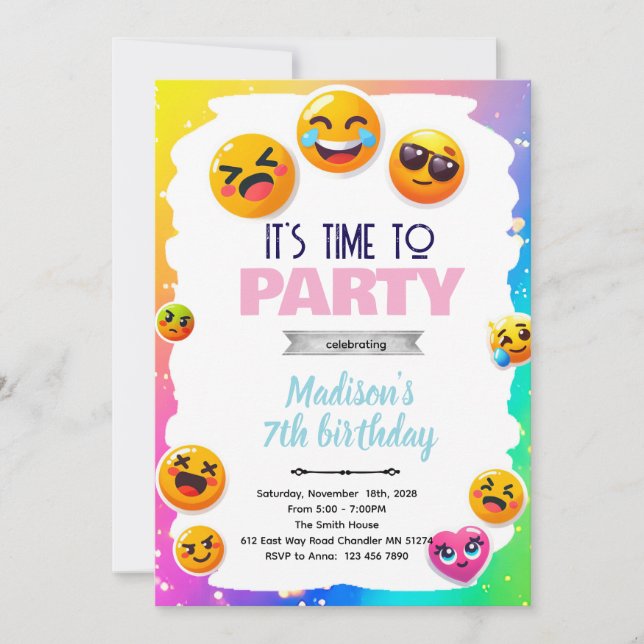 Invitación de cumpleaños con emoji (Anverso)