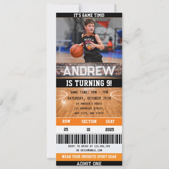Invitación de cumpleaños con entrada de baloncesto (Anverso)