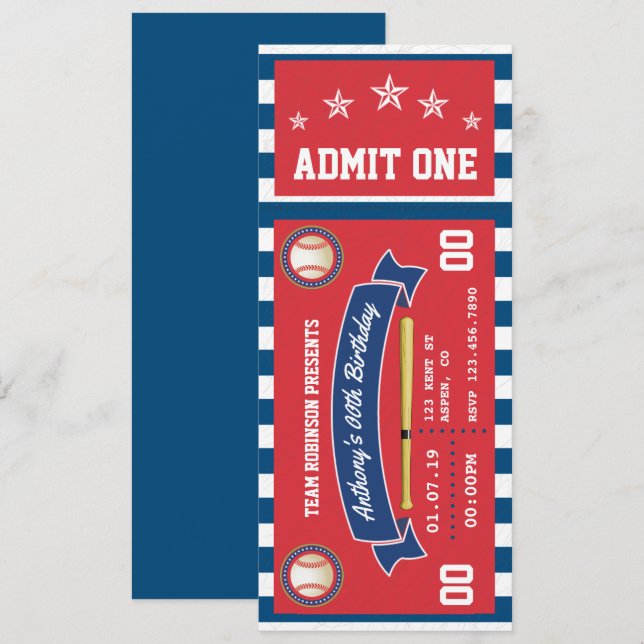 Invitación de cumpleaños con entrada de béisbol (Anverso / Reverso)