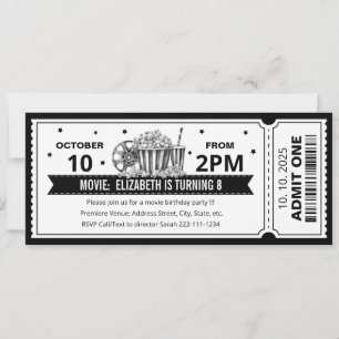 Invitación de cumpleaños con entrada de cine en bl