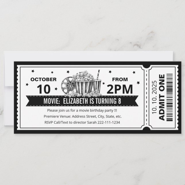 Invitación de cumpleaños con entrada de cine en bl (Anverso)