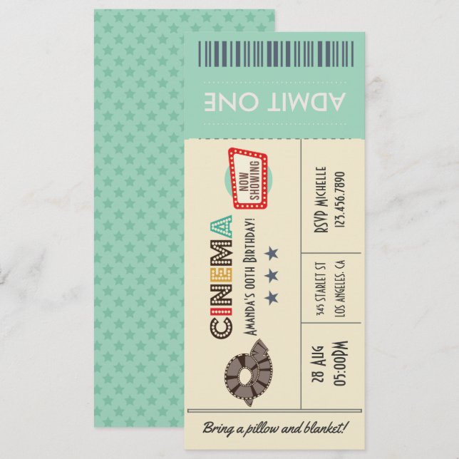 Invitación de cumpleaños con entrada de cine retro (Anverso / Reverso)
