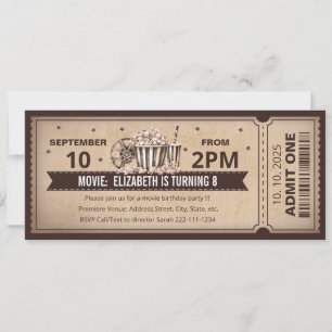 Invitación de cumpleaños con entrada de cine retro