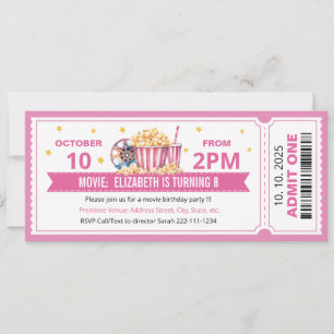 Invitación de cumpleaños con entrada de cine rosa