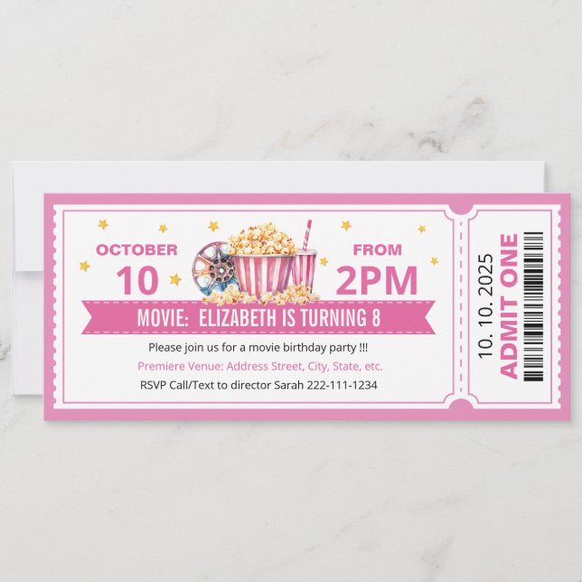 Invitación de cumpleaños con entrada de cine rosa (Anverso)