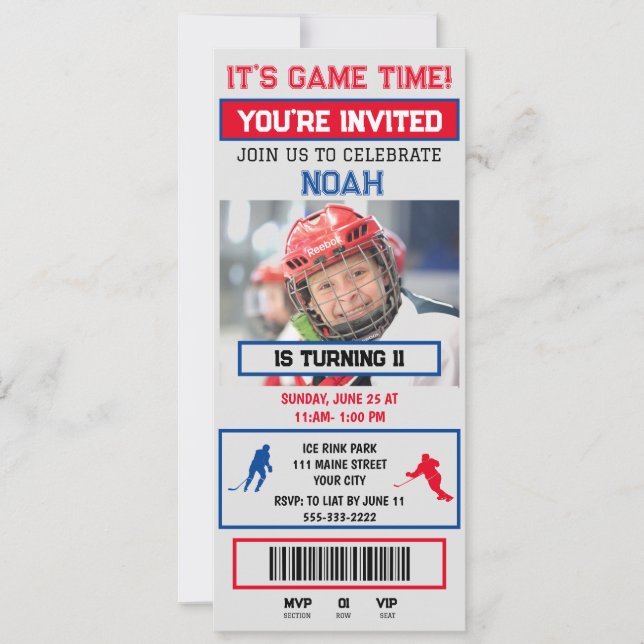 Invitación de cumpleaños con entrada de hockey gri (Anverso)